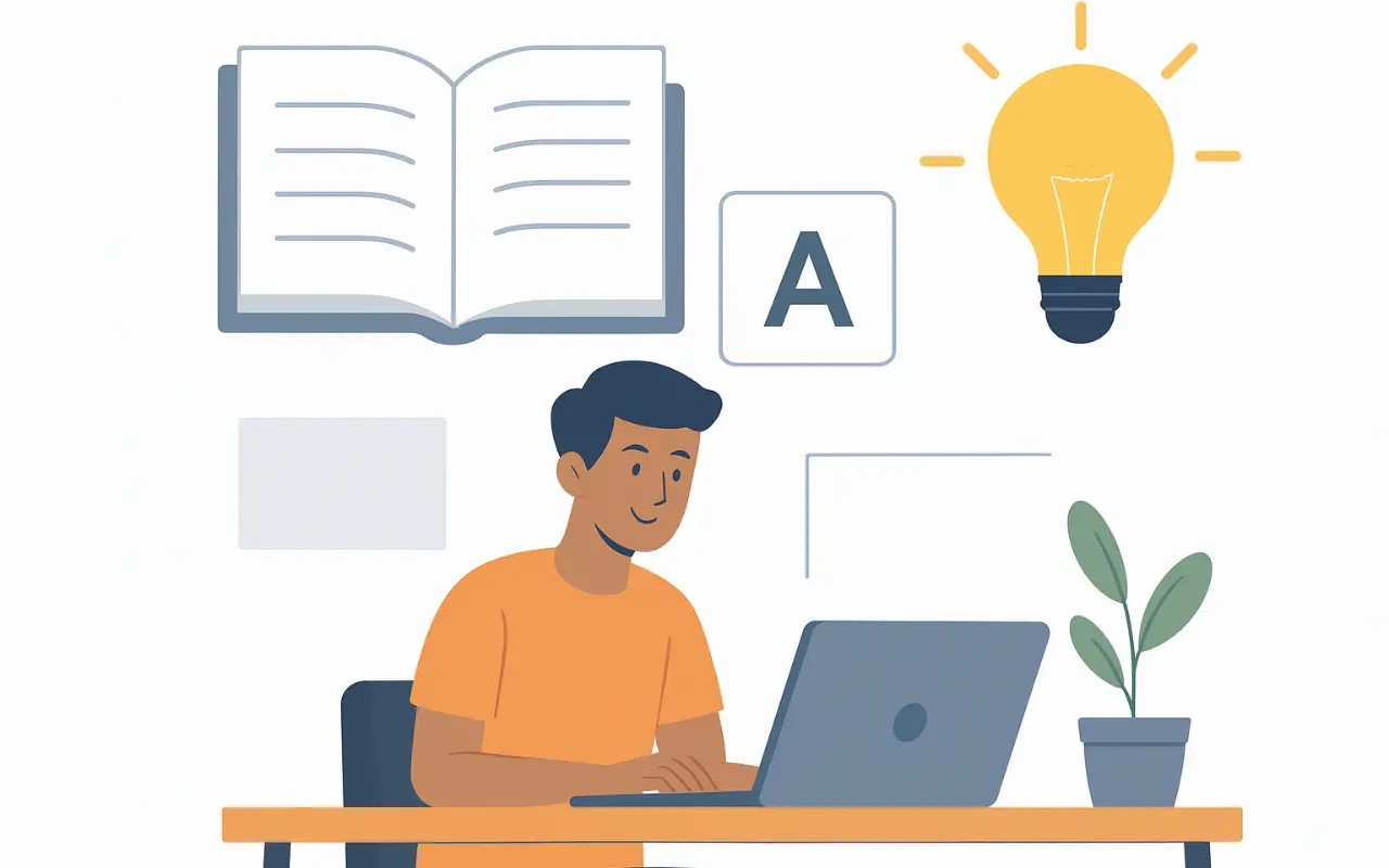 Illustration of a student studying on a laptop with books and a light bulb for an educational website hero section